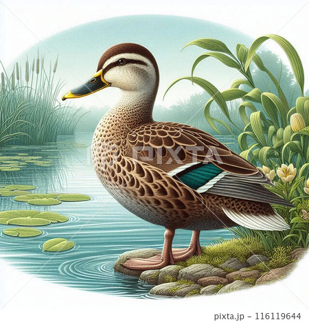 水辺にいるカルガモ 116119644