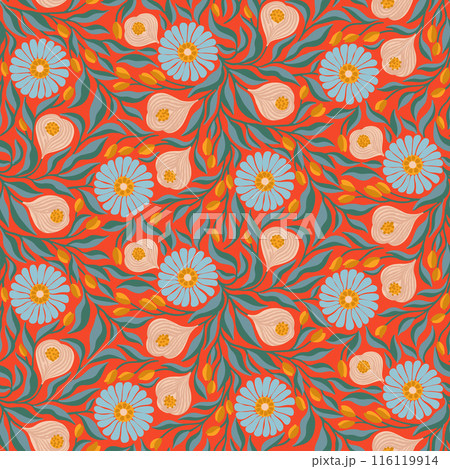 Floral Half Drop Seamless Pattern of light Blue Daisies with Leaves and Little Yellow Tulips on Red. Great for Wallpapers, Textiles, Papers, Prints, Fashion, Beauty Products, Wrappings, Package Design 116119914
