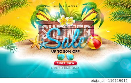 Summer Sale Design with Flower, Exotic Palm Leaves and Vintage Wood Board on Tropical Island Background. Vector Holiday Special Offer Business Illustration with Beach Ball and Sunglasses for Coupon 116119915
