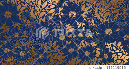 Golden Metallic Foiled Contour Flowers and Leaves on Dark Blue Background. Luxurious Art Deco Wallpaper Design for Print, Poster, Cover, Banner, Invitation, Package, Beauty Products. 116119916