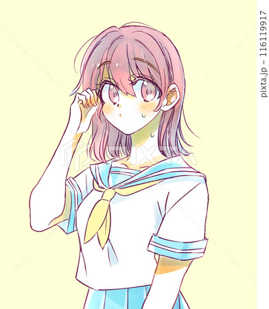 暑そうな女子学生　夏服のセーラー服　 116119917