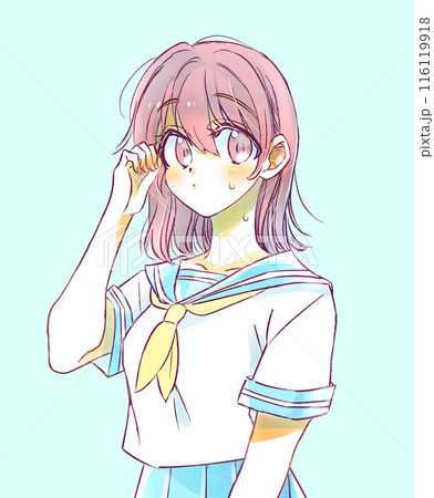 暑そうな女子学生　夏服のセーラー服　 116119918