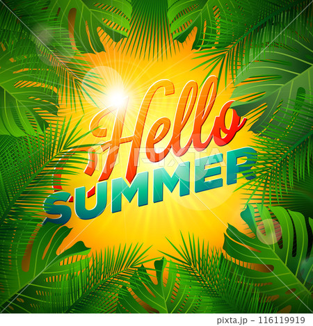 Hello Summer Illustration with Typography Letter and Tropical Leaves on Sun Yellow Background. Vector Holiday Design with Exotic Plants, Flower and Sunglasses for Banner, Flyer, Invitation, Brochure 116119919