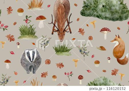 Autumn forest wild plants and animals watercolor seamless pattern isolated on warm grey background. Hand drawn art in simple style for woodland kids designs, wallpaper, wrapping paper and packages 116120152