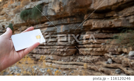 In a scenic landscape, a person is depicted holding a credit card with a mountain in the background. Copy space 116120246