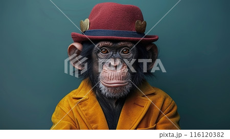 Chimpanzee Wearing a Red Hat and Yellow Jacket Against a Teal Background 116120382