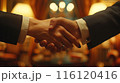 Two People Shake Hands in a Dimly Lit Room 116120416