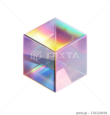 perfectly shaped cube with an iridescent surface, reflecting a spectrum of colors 116120436