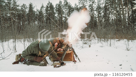 American Infantry Soldiers Fire From Mortar. Usa Army Soldiers Of World War Ii. Mortar Shooting Explosions. Reconstruction Defense Battles. Heroes Of War 116120455