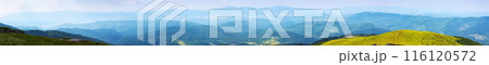 wide panorama of carpathian mountains rolling landscape. alpine scenery of transcarpathia, ukraine in summer. view from the hillside of smooth or runa mnt. 116120572