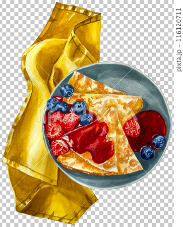 Watercolor pancake with strawberry jam, strawberry and blueberry isolated on white background. Illustration hand painted stack of homemade pancakes.Dessert topped with fruit and syrup for a snack. 116120711