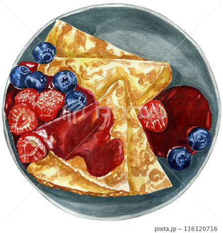 Watercolor pancake with strawberry jam, strawberry and blueberry isolated on white background. Illustration hand painted stack of homemade pancakes.Dessert topped with fruit and syrup for a snack. Watercolor pancake with strawberry jam, strawberry and blueberry isolated on white background. Illustration hand painted stack of homemade pancakes.Dessert topped with fruit and syrup for a snack. 116120716