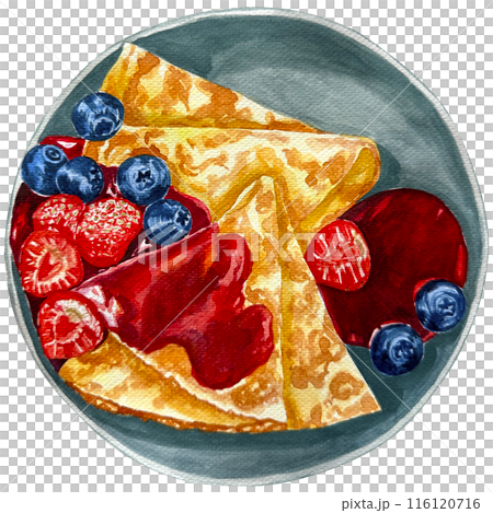 Watercolor pancake with strawberry jam, strawberry and blueberry isolated on white background. Illustration hand painted stack of homemade pancakes.Dessert topped with fruit and syrup for a snack. 116120716
