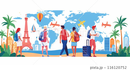 Group of travelers standing in front of a world map 116120752