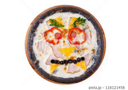 pizza with black dough and ham and olives for children's menu 1 116121456