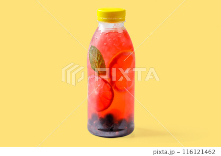 Bubble gum lemonade with currant, lime, mint, bubble gum syrup, ice, soda water on yellow background for food delivery website 2 Bubble gum lemonade with currant, lime, mint, bubble gum syrup, ice, soda water on yellow background for food delivery website 2 116121462