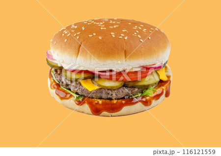 hamburger like in McDonald's with a beef cutlet on a yellow background, studio shooting 3 116121559