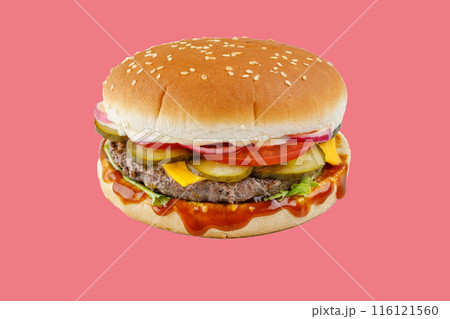 hamburger like in McDonald's with a beef cutlet on a red background, studio shooting 1 116121560
