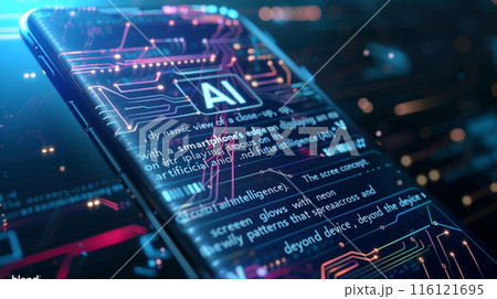 Smartphone gadget with AI technology. Big data analytics with Machine learning algorithm. Data analyst analyzing and visualizing complex information network with artificial intelligence. 116121695