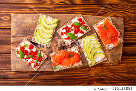 Protein toast ceispbread with delicious toppings top view 116121881