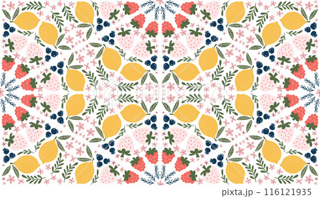 Playful seamless pattern featuring illustrations of lemons, raspberries, blueberries, white strawberries, pink flowers, and green leaves, arranged in a diamond-shaped design. Modern, organic vector 116121935
