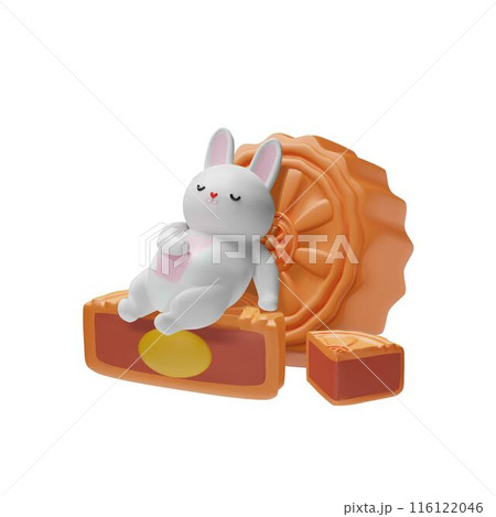 3D vector illustration of a sleeping white rabbit stuffed with a large moon cake 3D vector illustration of a sleeping white rabbit stuffed with a large moon cake 116122046