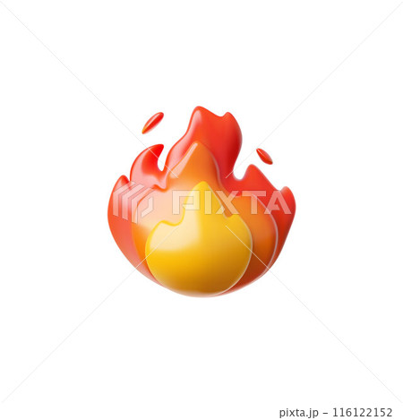 3d render emoji icon of red yellow fire with hot sparks. 116122152