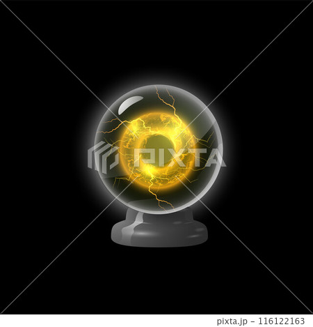 3d Magic glass sphere on a stand with golden glow of plasma. 116122163