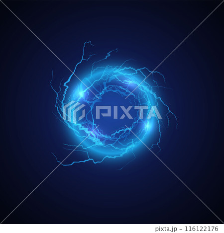 Lightning round frame, bright power, vector blue glowing magical portal, circle thunderbolt, energy strike, light flash Lightning round frame, bright power, vector blue glowing magical portal, circle thunderbolt, energy strike, light flash 116122176