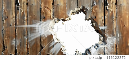 Weathered Wooden Fence with Gaping Hole 116122272