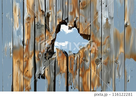 Broken Wooden Fence with Large Hole 116122281