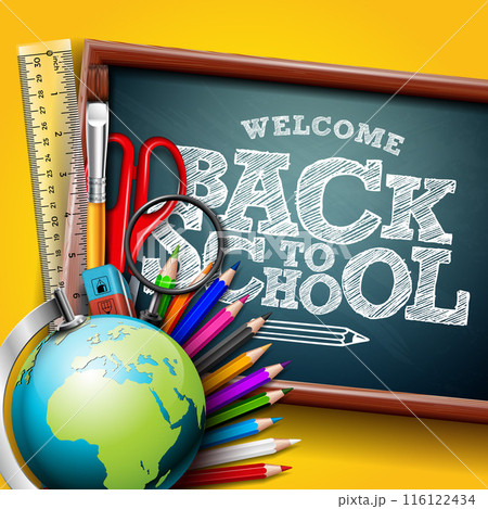 Back to School Design with Chalkboard, Educational Supplies and Typography Lettering on Yellow Hand Drawn Doodles Background. Vector School Illustration for Greeting Card, Banner, Flyer, Invitation 116122434