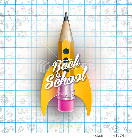 Back to School Design with Flying Rocket Pencil and Typography Lettering on Checkered Paper Background. Vector School Education Illustration with Hand Drawn Doodles for Greeting Card, Banner, Flyer Back to School Design with Flying Rocket Pencil and Typography Lettering on Checkered Paper Background. Vector School Education Illustration with Hand Drawn Doodles for Greeting Card, Banner, Flyer 116122435