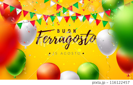 Buon Ferragosto Italy Summer Festival Design with Colorful Flag and Party Balloon on Yellow Background. Vector Italian Language Typography Illustration with Summer Holiday Elements for Banner, Flyer Buon Ferragosto Italy Summer Festival Design with Colorful Flag and Party Balloon on Yellow Background. Vector Italian Language Typography Illustration with Summer Holiday Elements for Banner, Flyer 116122457