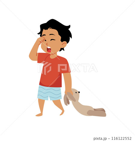 Vector illustration with a sleepy boy holding a toy rabbit and yawning while rubbing his eye Vector illustration with a sleepy boy holding a toy rabbit and yawning while rubbing his eye 116122552