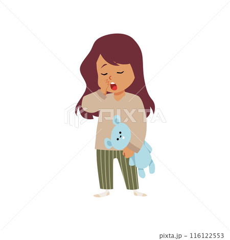 Cute sleepy girl wearing pajamas standing with teddy bear toy and yawning vector flat illustration kid waking up bedtime 116122553