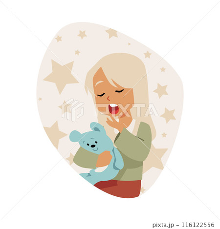A child yawns, dressed in pajamas with a toy. Flat style. A child yawns, dressed in pajamas with a toy. Flat style. 116122556
