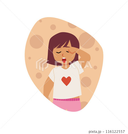 Cute sleepy girl wearing pajamas standing and yawning vector illustration in decorative frame, kid waking up bedtime 116122557