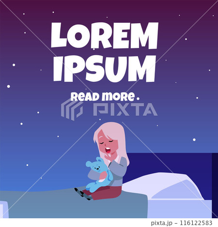 Vector poster of a blonde girl hugging a teddy bear, getting ready for bed. 116122583