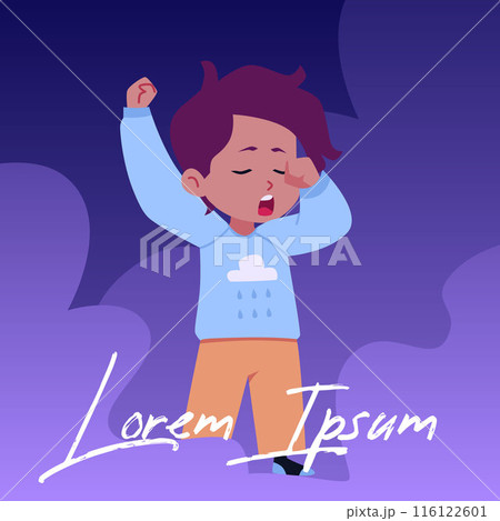 Vector illustration depicting a yawning boy in pajamas against a background of clouds Vector illustration depicting a yawning boy in pajamas against a background of clouds 116122601