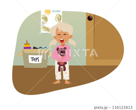 Cute sleepy blond girl wearing pajamas holding teddy bear toy and yawning in nursery room, vector kid bedtime or wake up 116122613