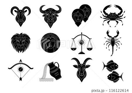 Collection of zodiac signs on white background. 116122614