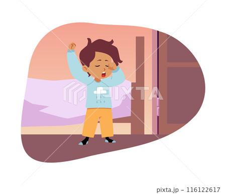 Sleepy boy in pajamas and bedroom, vector scene. Flat style. 116122617