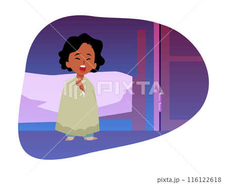 Cute sleepy girl in pajamas standing and yawning in bedroom, vector flat waking up child in blanket decorative frame 116122618