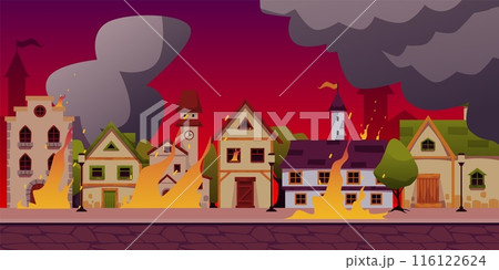A medieval houses with burning cottages, towers and tavern the background of destruction 116122624