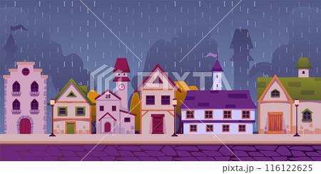 Vector illustration "Medieval city" depicting cottages with stone architecture against a background of rain 116122625