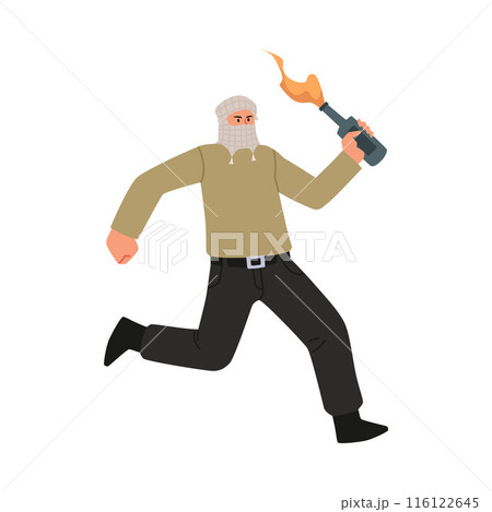 Vector illustration of a man with a covered face holding a Molotov cocktail. 116122645