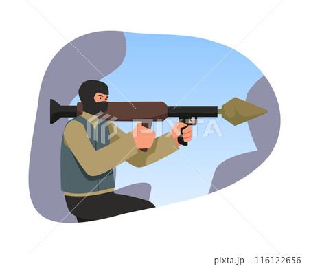 A man in a balaclava holds a rocket launcher. Sticker on isolated background. A man in a balaclava holds a rocket launcher. Sticker on isolated background. 116122656