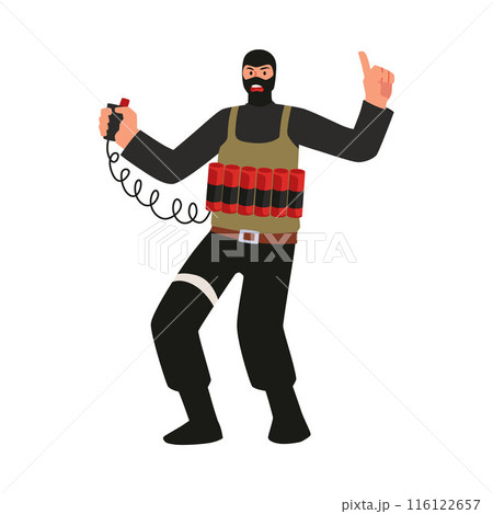 A man wearing a mask and holding a remote control for a bomb on an isolated background. 116122657