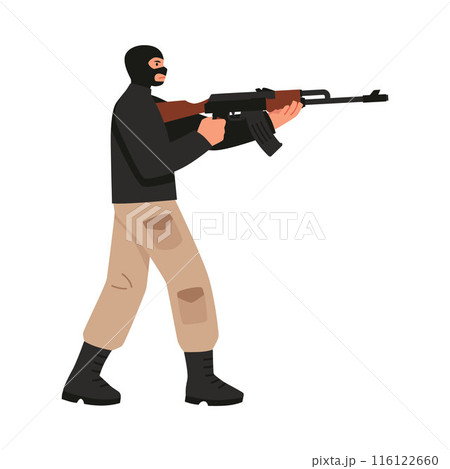 Vector illustration a man in a balaclava with a pistol on a white background 116122660